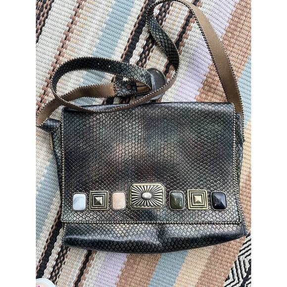 1992 Nina Arjani Leather 12x10" Shoulder Bag Cross Body Metallic Gold Snakeskin - Picture 8 of 16